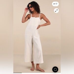 Claudie Light Beige Linen Sleeveless Cropped Jumpsuit Women’s S Linen Beach Boho